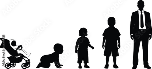 The Complete Human Male Life Cycle from Newborn Baby in Stroller to Crawling Infant, Toddler, Child, and Fully Grown Adult Man in Business Attire