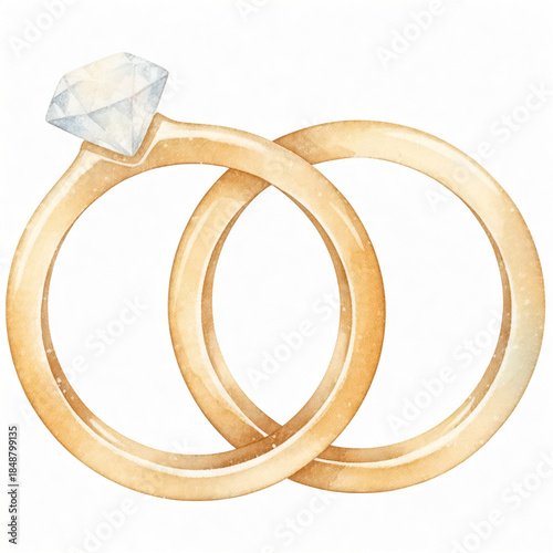Wedding rings with romantic watercolor glow, isolated on white background