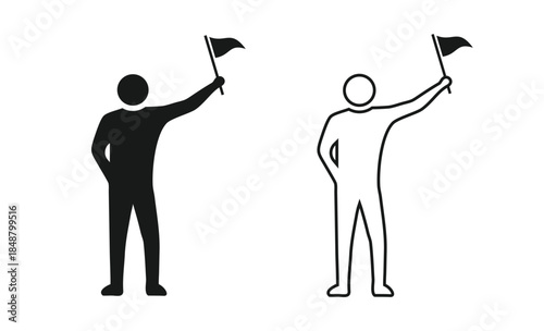 Winner Man holding flag icon set silhouette and outline style