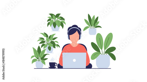Remote worker with laptop surrounded by lush green plants