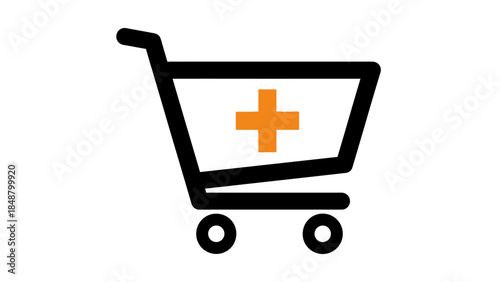 Shopping cart with orange medical cross symbol for healthcare products