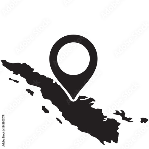 Sumatra island map with location pin vector icon illustration in flat black style, suitable for navigation apps, travel maps, and geographic designs.