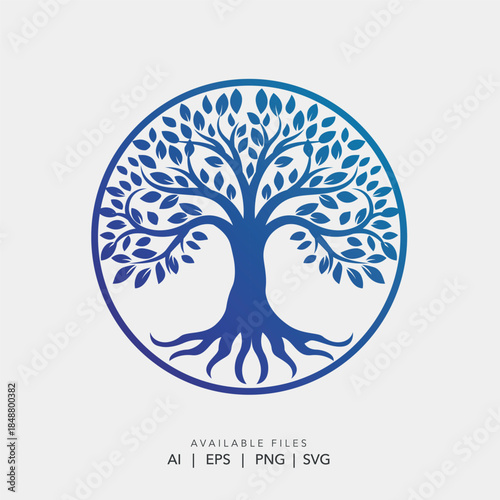 Circular tree of life logo vector with deep roots and leaves for holistic wellness and nature branding.