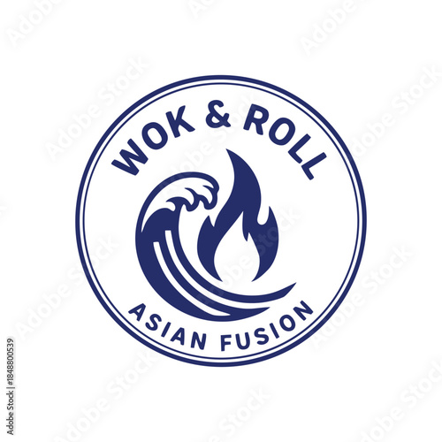 Wok & Roll Asian Fusion Logo: Circular Blue Emblem with Wave and Flame Symbols for Modern Asian Cuisine