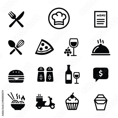 Restaurant and Food Service Icon Collection: Minimalist Black Vector Symbols for Dining, Delivery, and Culinary Branding