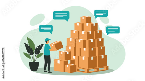 Logistics worker organizing a large stack of cardboard boxes for delivery.