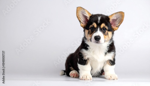 Tri-color corgi puppy sits on a bright white background, looking at camera with floppy ears perked, ready to play