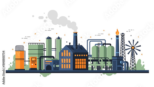 Industrial Factory Complex with Smokestacks and Storage Tanks.