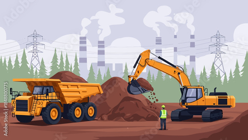 Heavy machinery operating in a mine with a worker.
