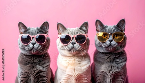 Trio of cute cats sit in a row wearing sunglasses on a vibrant pink background, creating a playful and fun image