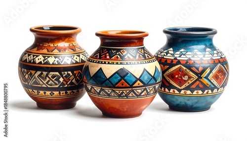 Trio of decorative vases with unique tribal patterns and textures sit together casting shadows on a white surface