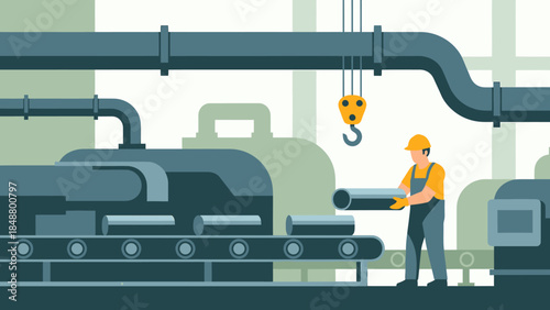 Factory worker operating machinery in industrial setting.