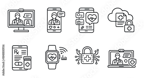 Medical technology icons: telemedicine, health monitoring, cloud security, prescription management