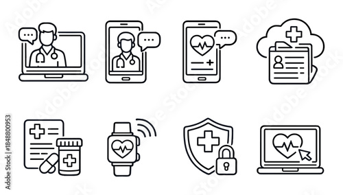 Digital healthcare icons: telemedicine, health monitoring, digital records, smartwatch