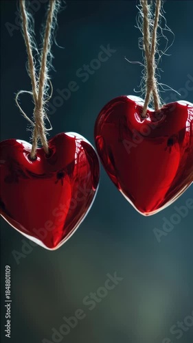 Two red hearts hanging on a dark background.
