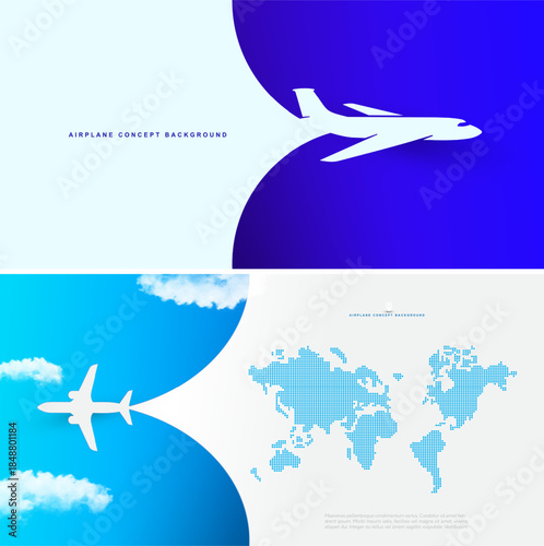 Airplane travel concept background with flying plane. Clean vector banner template with space for text, modern typography style for web headers, social media covers, ads travel vector design layouts.
