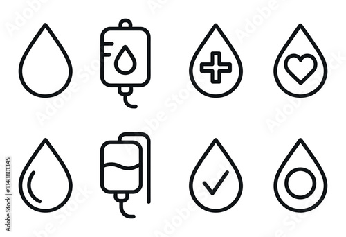 Black and gray blood donation icons with medical and heart symbols