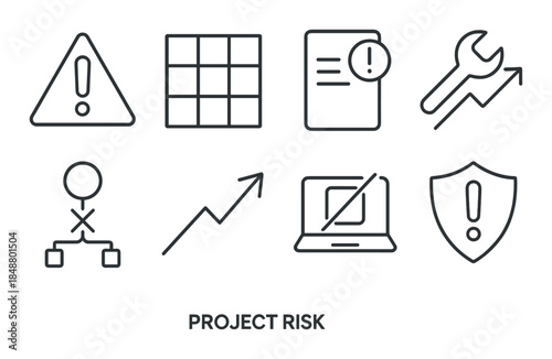 Project risk icons: warning signs, tools, and risk management symbols