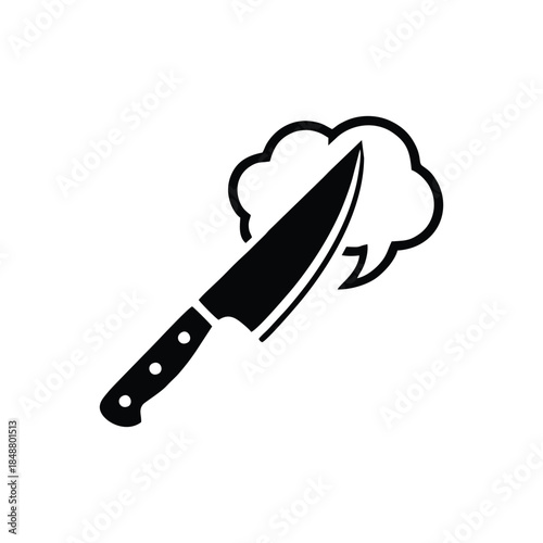 Chef's Knife and Speech Bubble Icon: Minimalist Vector Illustration for Food Blogs, Culinary Reviews, and Kitchen Conversation