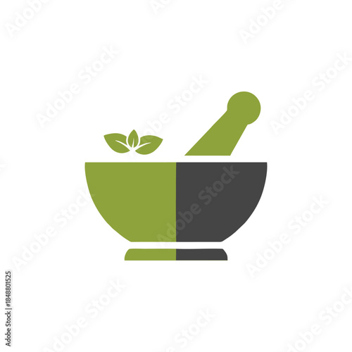 Herbal Medicine and Pharmacy Logo: Minimalist Vector Illustration of a Mortar and Pestle with Green Leaves