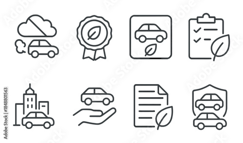 Environmental car icons featuring eco-friendly and sustainable transportation symbols