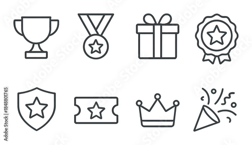 Set of eight monochromatic reward and celebration icons on dark background