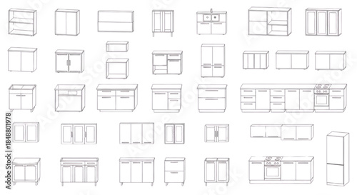 Collection of kitchen cabinet and appliance line art illustrations