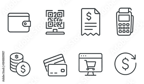 Digital payment icons: wallet, qr code, receipt, card reader, coins, credit card, shopping cart