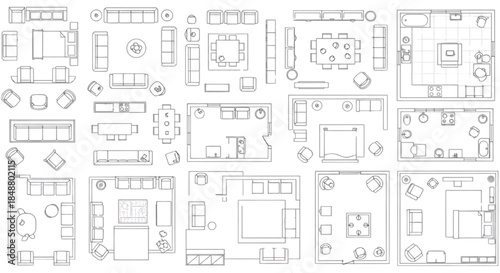 Top-Down View of Various Living Room Furniture Layouts and Arrangements