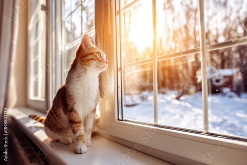 Wallpaper Mural Cat observes winter landscape from window during late afternoon sun Torontodigital.ca