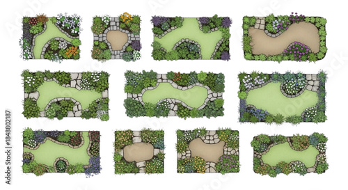 Diverse Top-Down Garden and Landscape Design Plans. Illustrative Green Spaces, Plants, and Winding Pathways