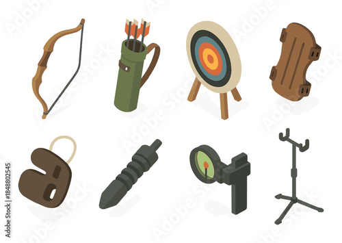 Archery set with bow, arrows, target and equipment on orange gradient background