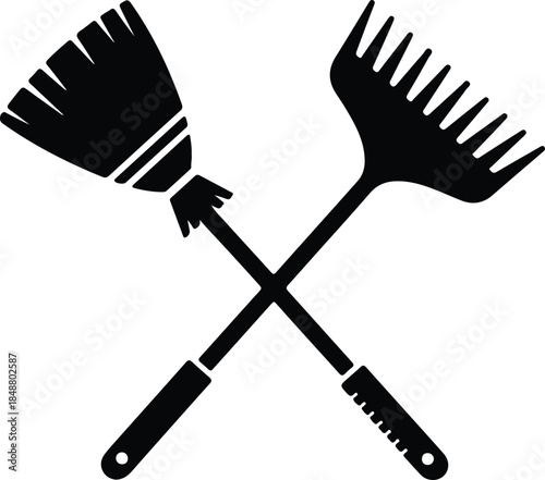 Vector Crossed broom and garden rake tools equipment silhouette Illustration