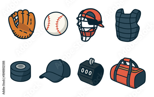 Baseball equipment set: gloves, balls, gear, helmets, protective wear, and duffel bags