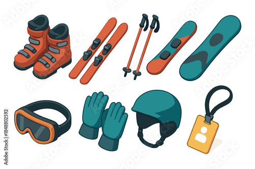 Winter sports gear collection featuring skis, snowboard, helmet, and accessories