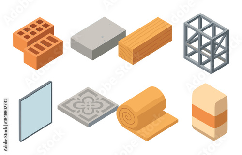 Various construction materials including brick, concrete, wood, metal, glass, tile, insulation, foam