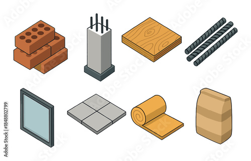 Building materials collection: bricks, concrete, wood, rebar, glass, tiles, insulation, cement