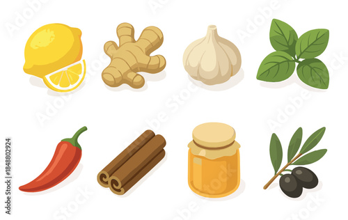 Illustration of natural ingredients: lemon, ginger, garlic, basil, chili, cinnamon, honey, olives