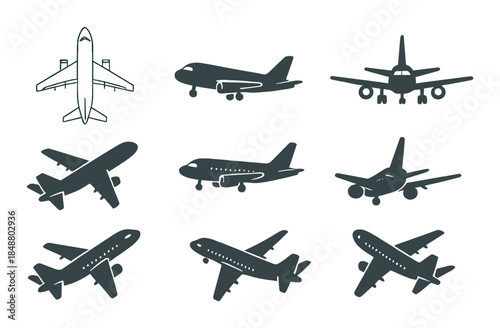 Silhouette collection of passenger airplanes in various orientations