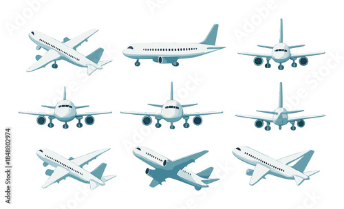 Collection of commercial airplanes in various angles and perspectives