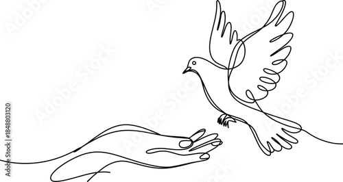 Single line drawing of a dove flying from a hand, peace symbol Vector