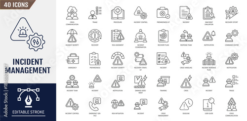Incident management icon set. Containing alert, report, issue, response, risk, damage, recovery, security, crisis, triage, mitigation and more. Vector illustration