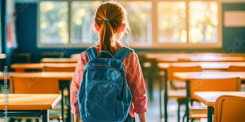 little girl wearing a backpack standing in an empty classroom with sunlight streaming through the window - back to school and new school year concept