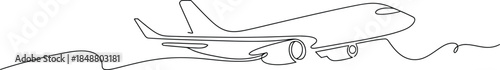 Continuous line drawing of a modern airplane taking off on white background Vector