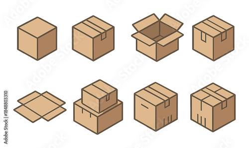 Various cardboard boxes in different stages and perspectives on brown background