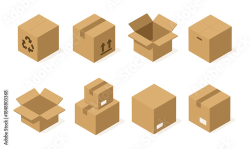 Various cardboard boxes with open and closed flaps and recycling symbols