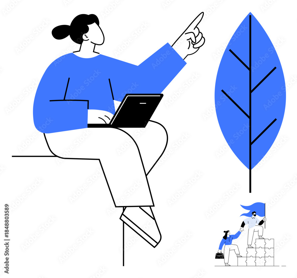 Naklejka premium Business growth, environment, teamwork, leadership, sustainability, creativity. Minimalist illustration of a person with a laptop pointing upward and a leaf. Business growth and environment conveyed