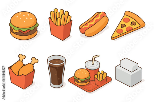 Colorful fast food icons: burger, fries, hot dog, pizza, and more