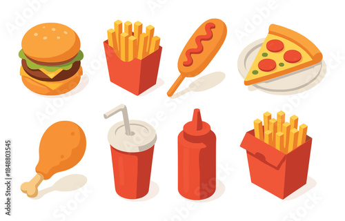 Colorful isometric fast food icons featuring burger, fries, pizza, and hot dog