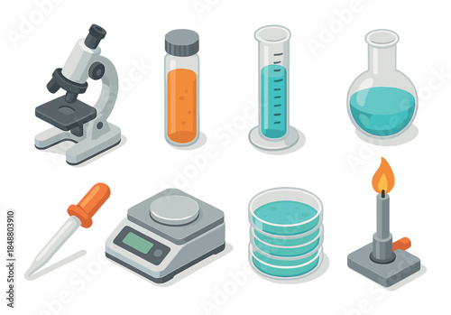 Isometric laboratory equipment set including microscope, test tubes, and bunsen burner